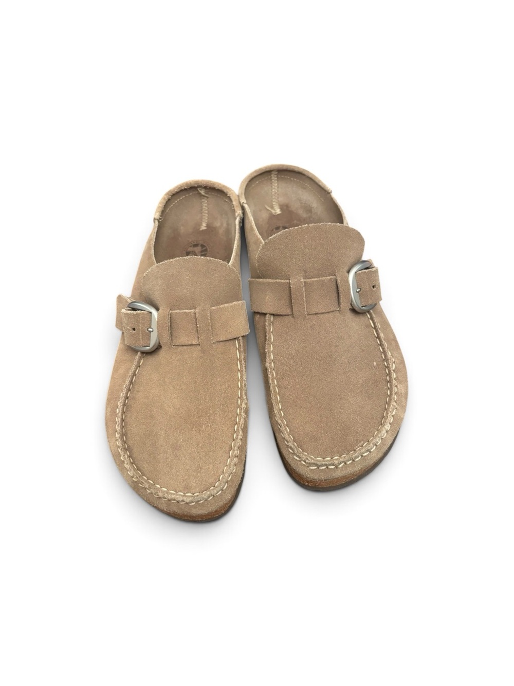 Birkenstock Suede Slip-On Mule in Beige with Silver Buckle
